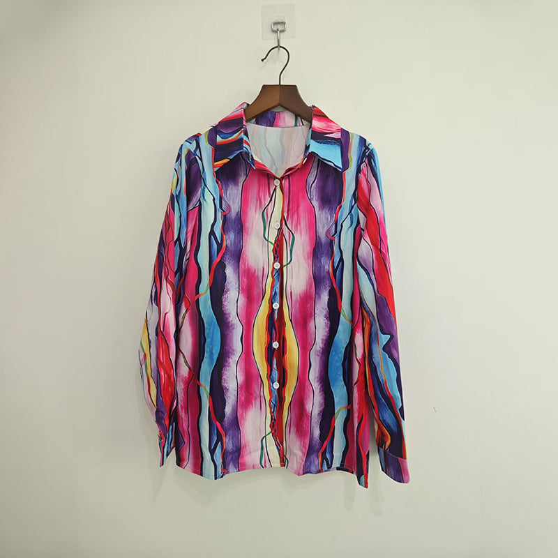 Women's Lapel Collar Printed Long Sleeve Shirt - Vibrant Colorful Pattern Button-Up Blouse Stylish Spring&Summer Vacation Top
