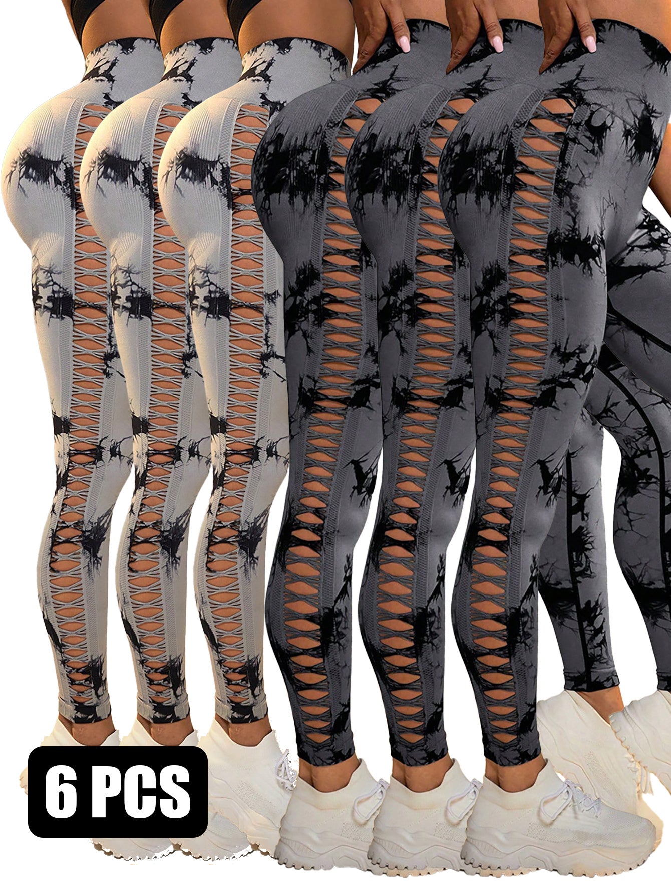 6Pcs Tie-dye Cut-out Leggings Women's Yoga Pants