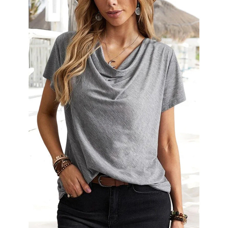 Womens Short Sleeve Cowl Neck Shirts Trendy 2025 Dressy Casual Outfits Ladies Top Blouses
