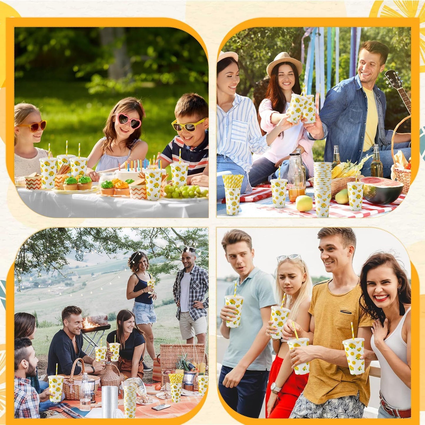 180pcs Lemonade Paper Cups With Lids And Straws 16oz Disposable Cups For Lemon Stand Supplies Summer Party Hot Cold Beverage,Amazon Is Banned,654-10328-G13