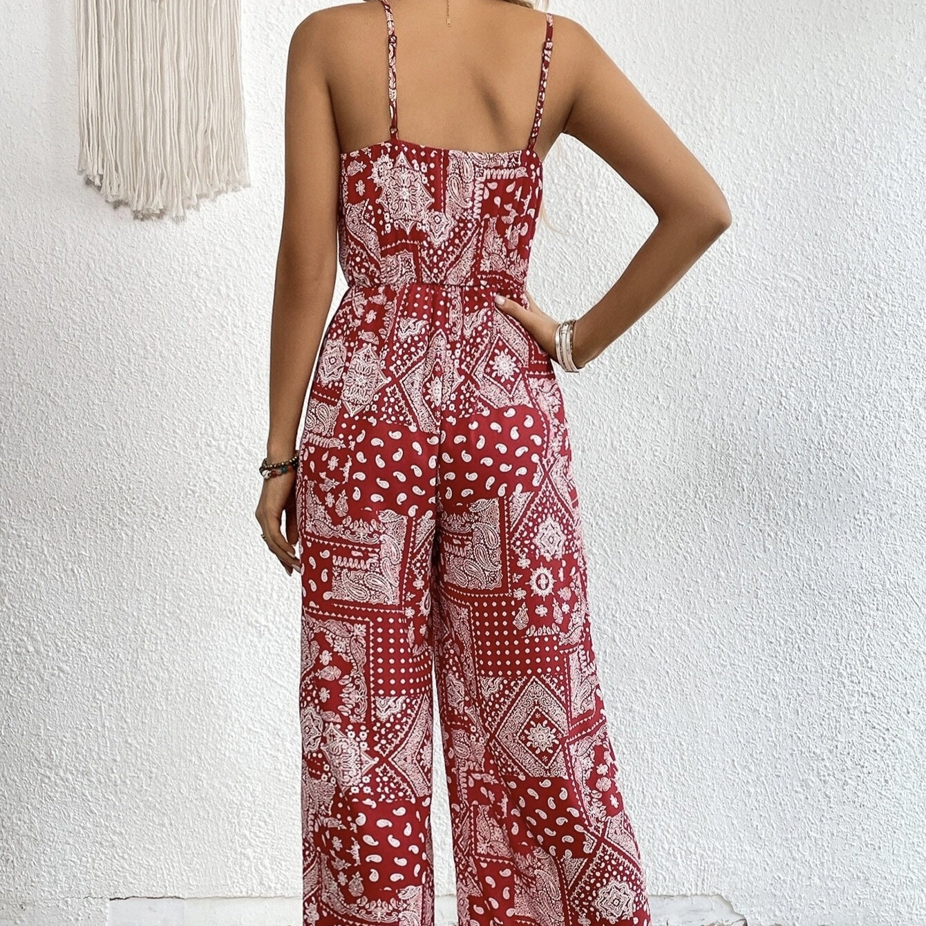 Ladies' Printed Ruffle Edge Decoration Waistless Camisole Jumpsuit