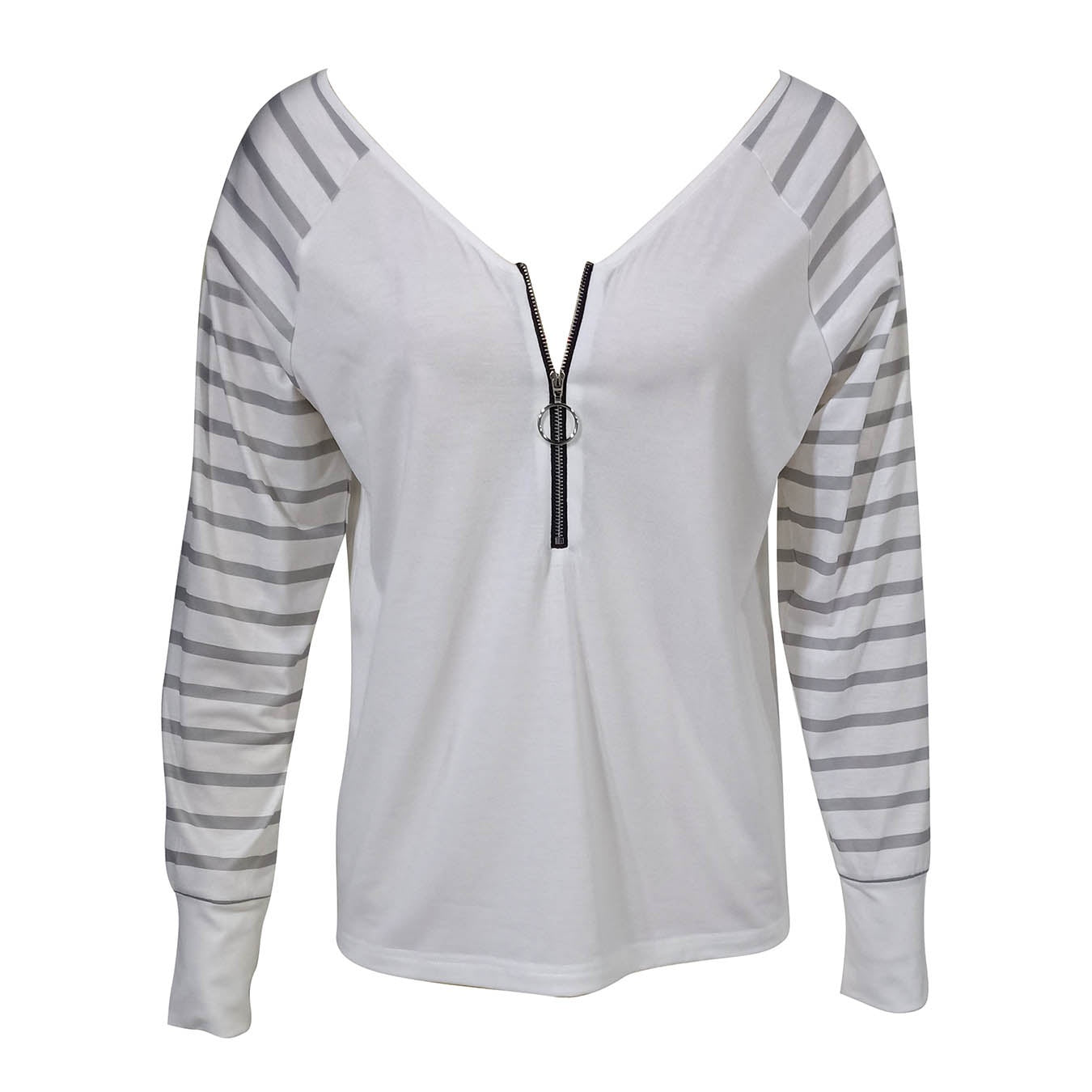 Ladies' Fashionable Leisure Vacation Half Zipper Sleeve Striped Design T-shirt Top