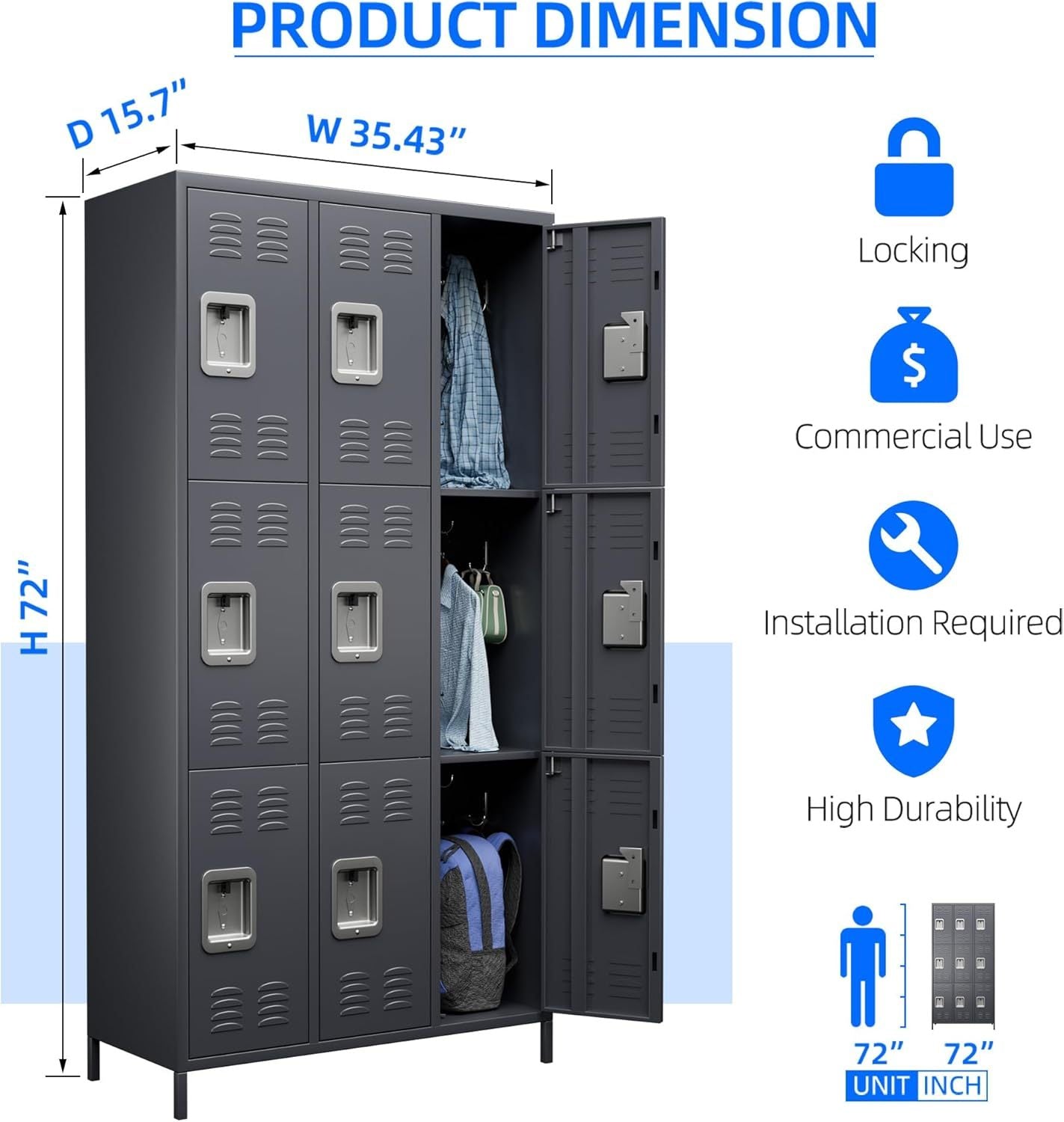 9 Doors Metal Storage Locker With 27 Hooks,Metal Lockers For Employees With Lock For School Office Gym Bedroom,Assembly Required,Dark Grey