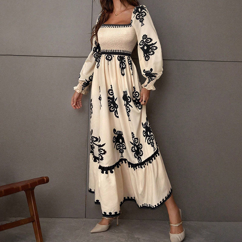 Elegant Women's Retro Geometric Print Lantern Sleeve Dress - Square Neck A-Line With Elastic Cuffs, Casual & Formal Dress