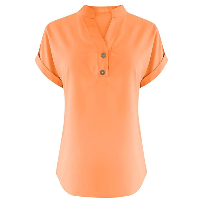 Women's Solid Color V-Neck Short Sleeve Blouse Button Detail, Summer Casual & Work T-Shirt