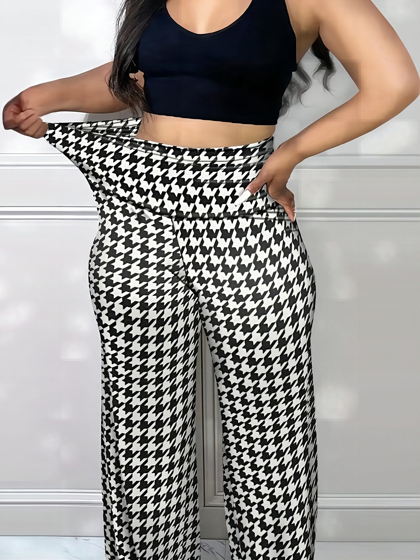 Plus Size Bird Check Comfortable Loose Women's Straight Leg Pants