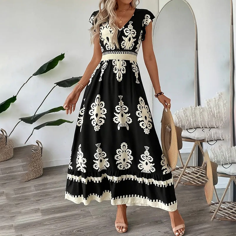 Women's Summer Flowy Maxi Dress Casual Cap Sleeve V Neck Smocked Waist Beach Sundress