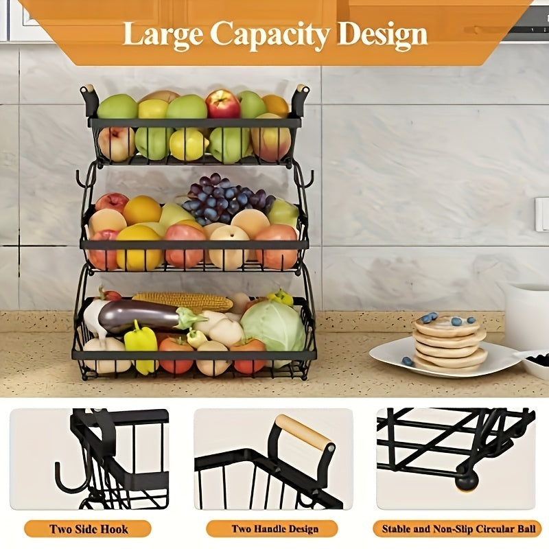 1pc 3-Layer Fruit Basket For Kitchen With 2 Banana Hooks, Suitable For Kitchen, Bread Vegetable Fruit Organizer With Wooden Handle, Large Capacity Rectangular Storage Rack, Black, Suitable For Restaur