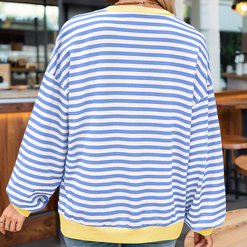 Women's Casual Crewneck Striped Long Sleeve Sweatshirt - Comfortable Loose Fit Ribbed Knit Top For Spring&Fall