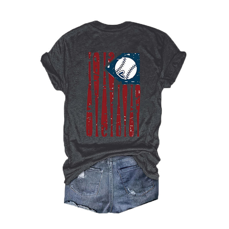Women's Baseball Print Round Neck Tee - Front & Back Graphic Summer Casual T-Shirt