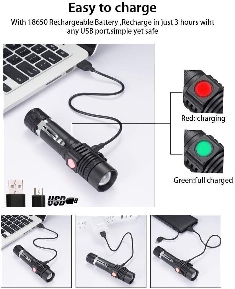 2 Pack LED Taschenlampe Aufladbar USB Super Hell Taktisches Fackel Lumen Akku
