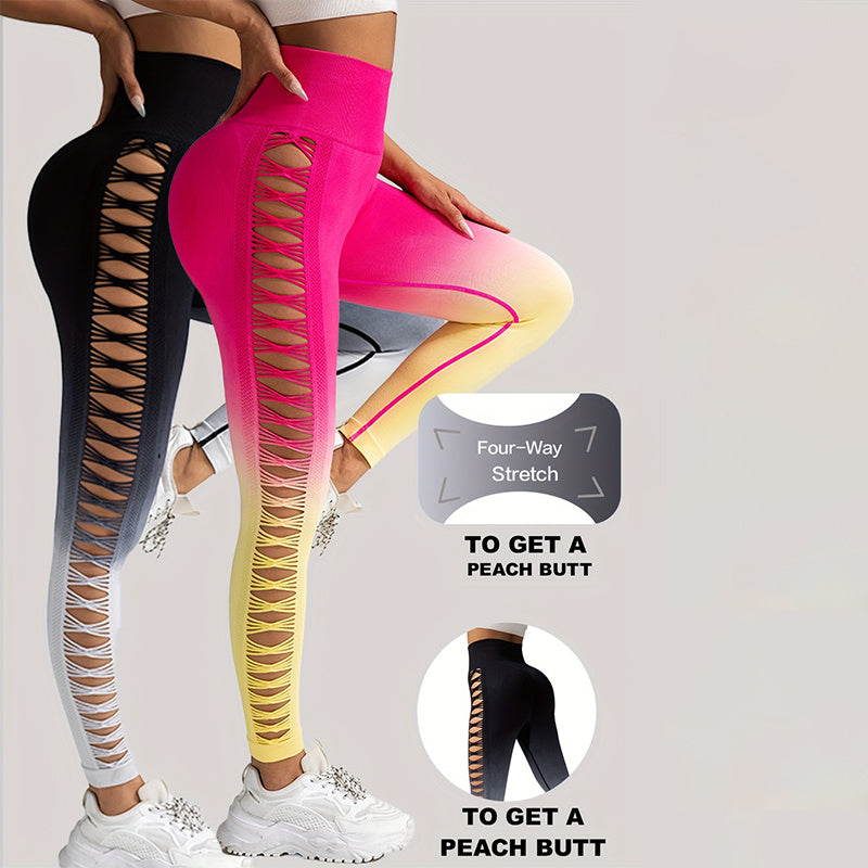 2 Pack Cut Out Ombre Gradient Color Hollow High-waist Butt-lifting Fitness Women's Yoga Pants, Women's High Waist Yoga Pants Cutout Ripped Super Soft And Comfortable Skinny