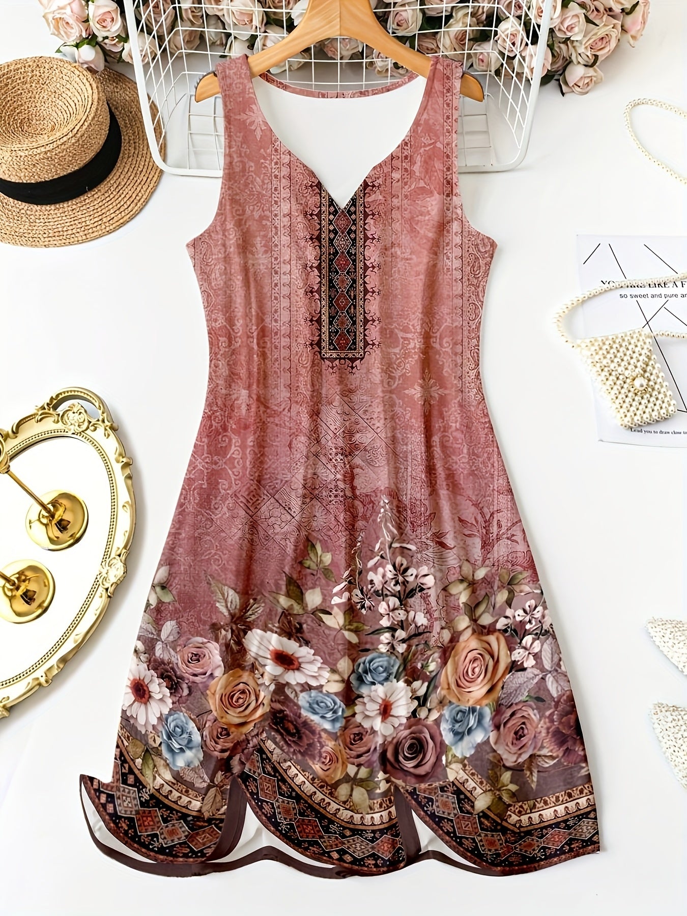 Self-pick-up Plus Size Women'S Floral Print V Neck Casual Sleeveless Dresses  Only Self-pickup Is Supported