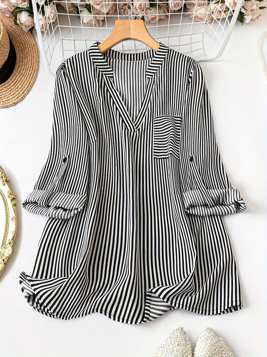 Women's Plus Size Casual Striped Shirt - Summer V-Neck Three-Quarter Sleeve Outdoor Top With Pockets