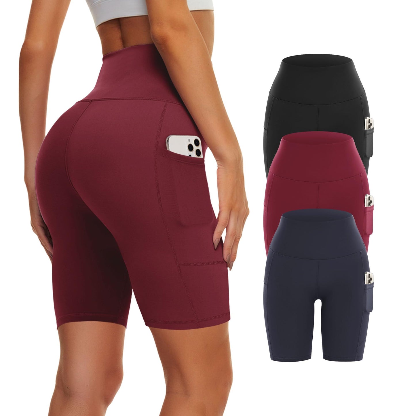 Yoga Pants - Five Points High Waist 3 Pieces Of Polyester Double Grinding Black, Polyester Double Grinding Zhang Green, Polyester Double Grinding Burgundy