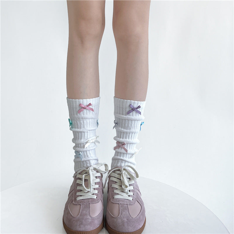 Candy-colored Bow Pile Style Calf Socks Women's Handmade Tube Socks