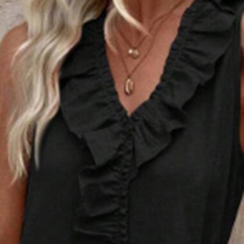 Women's Elegant Casual Summer Dress - V-Neck Sleeveless Ruffled Vacation Long Dress With Pleated Hem