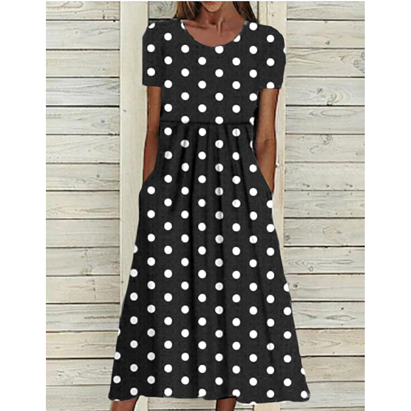 Women's Summer Short Sleeve Polka Dot Print Long Dresses Casual Beach Sundress With Pockets