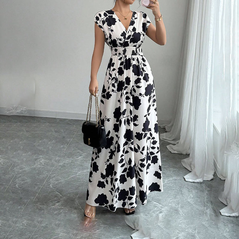 Women's Wrap V Neck Short Sleeve Empire Elastic Waist Summer Casual Elegant Maxi Long Dresses