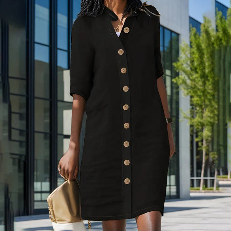 Women's Solid Color Shirt Collar Mid-Sleeve Dress With Oversized Buttons - Simple & Elegant Spring&Summer Dress