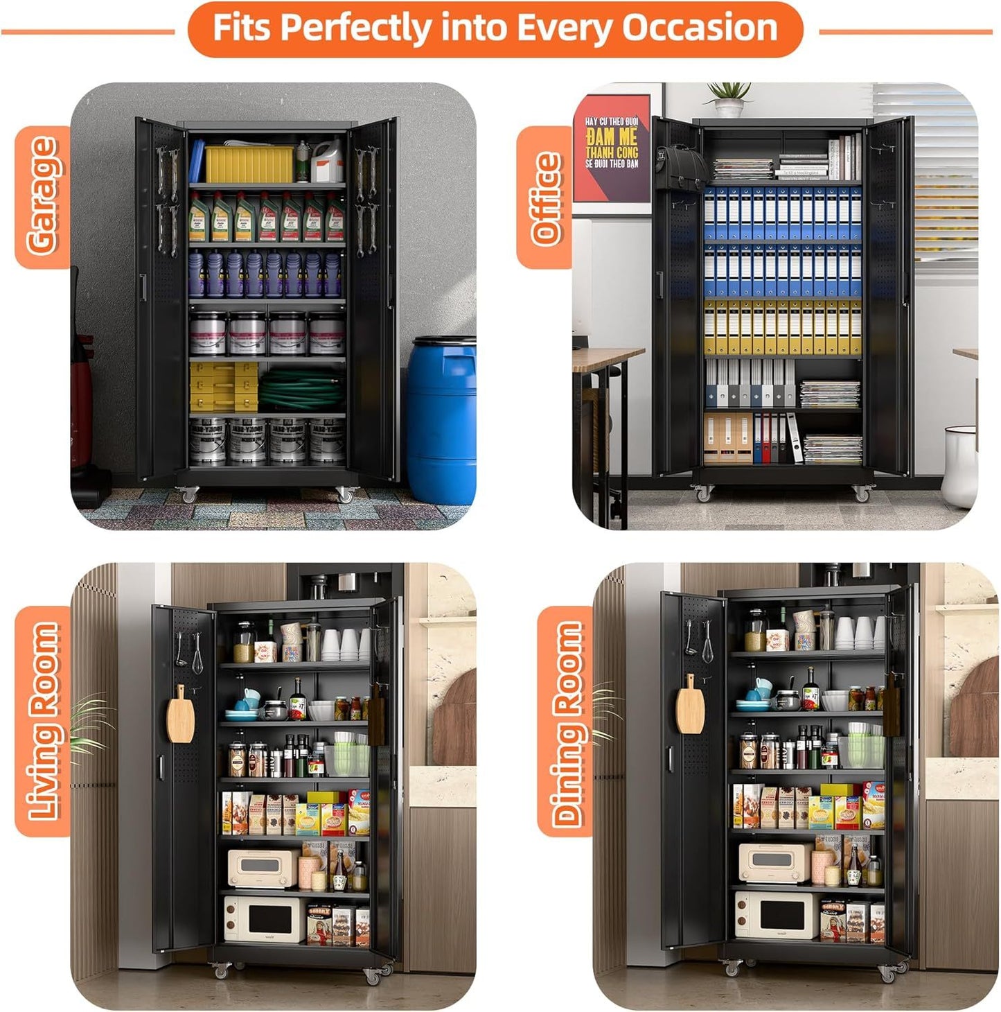 Metal Garage Cabinet With Wheels And Pegboard, Lockable Rolling Steel Cabinet With 5 Adjustable Shelves And Door For Garage, Office, Kitchen, Assembly Required Black