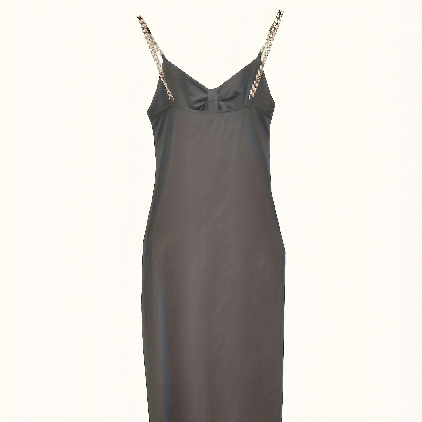 Women's Solid Color New Fashionable Metal Chain Hollow Chest Pleat Details Slit Design Sense Long Sexy Style Dress