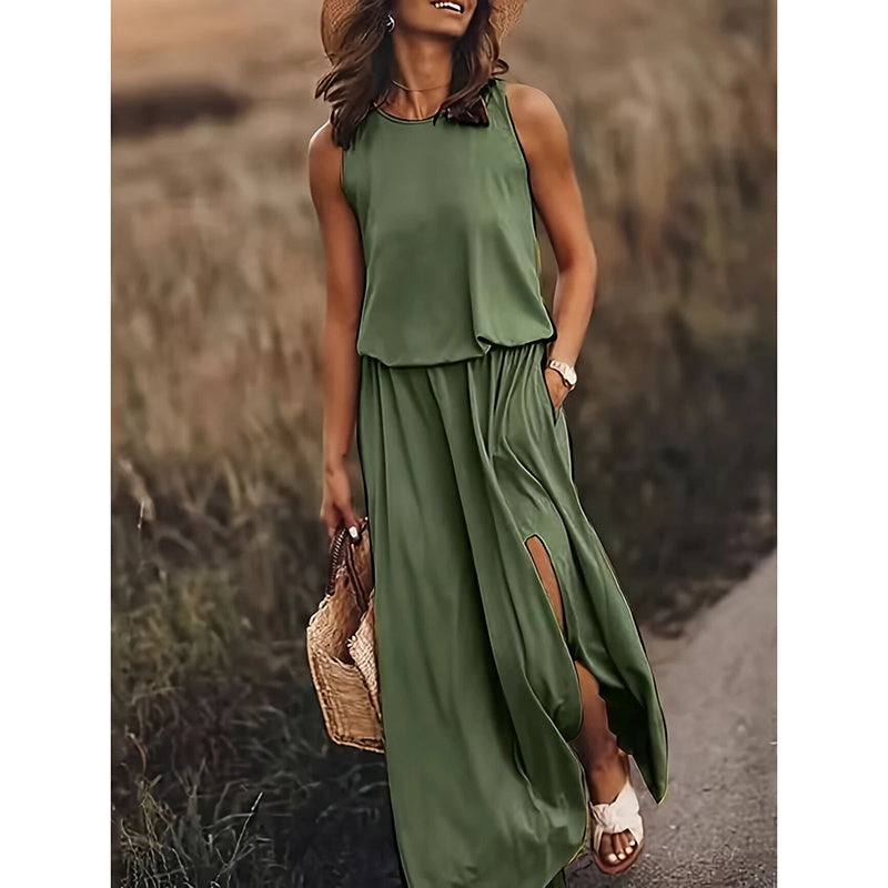 Women's Maxi Dress Summer Sleeveless Crewneck Sundress Casual Loose Long Dresses With Pockets