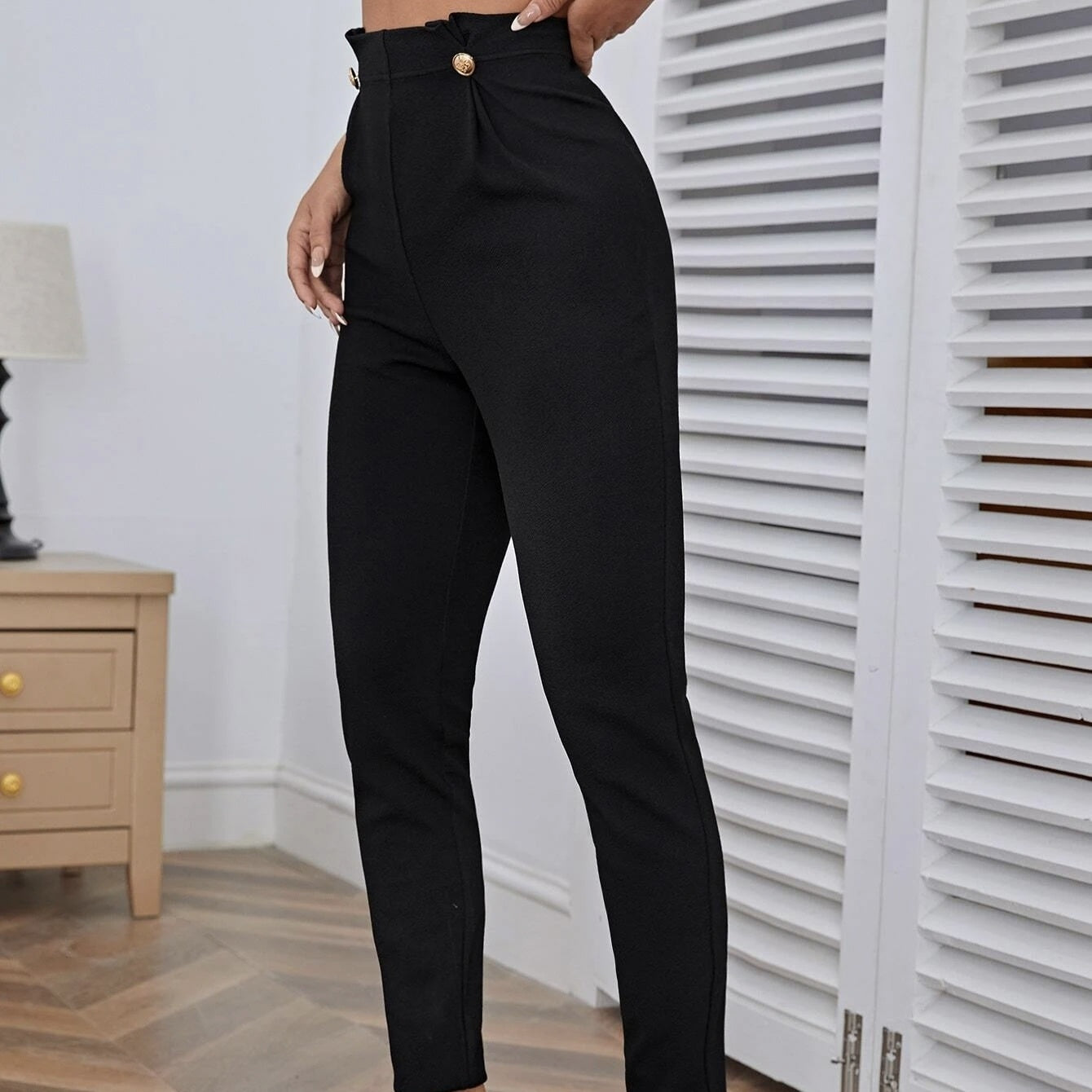 Women's Solid Color Tight Pants With Buttons And Pleated Details At The Waist, Versatile Casual Pants