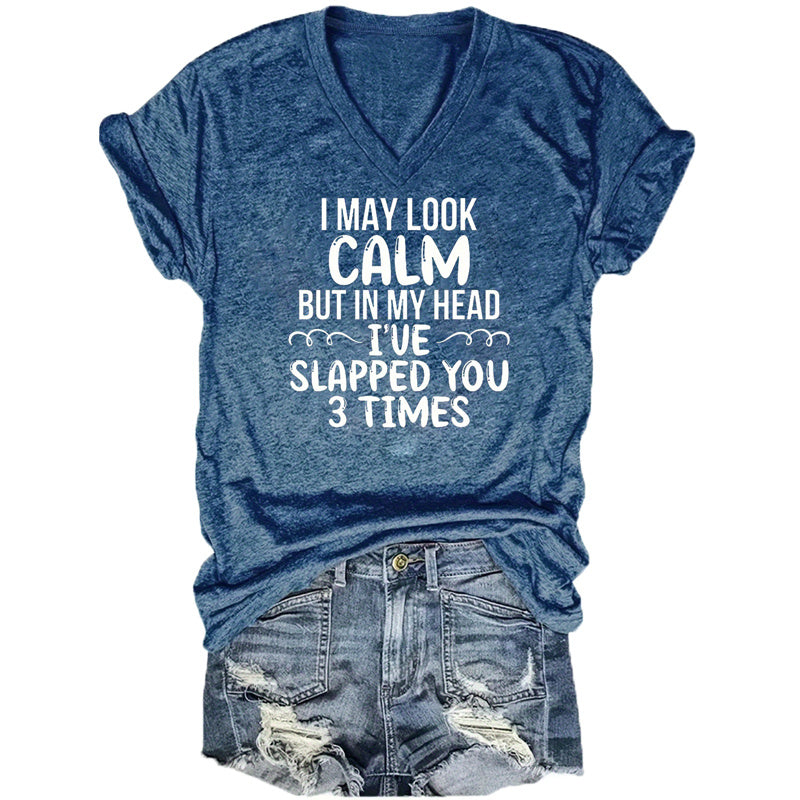 Women's V-Neck Short Sleeve T-Shirt - Phrase Print Basic Summer Top