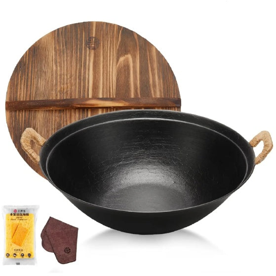 WANGYUANJI 14.2 Handmade Wok, Cast Iron Wok Pan, Large Flat Bottom Wok Stir With Dual Handle And Wooden Lid, Suitable For All Cooktops, Uncoated Chinese Traditional Wok, Ban Sale On Amazon