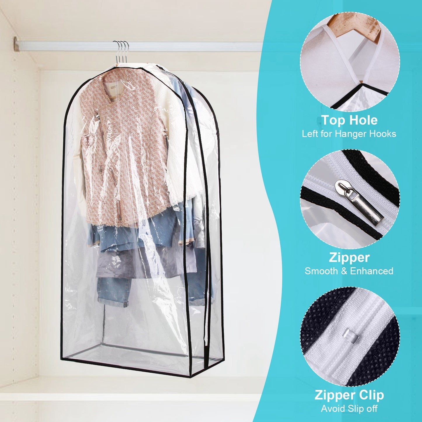 5 Pack 60In OR 40In Options Garment Bag For Hanging Clothes Dustproof Waterproof Hanging Clothes Storage Bag Clear Transparent Suits Cover For Sweater Jacket Coat Dress Shirt