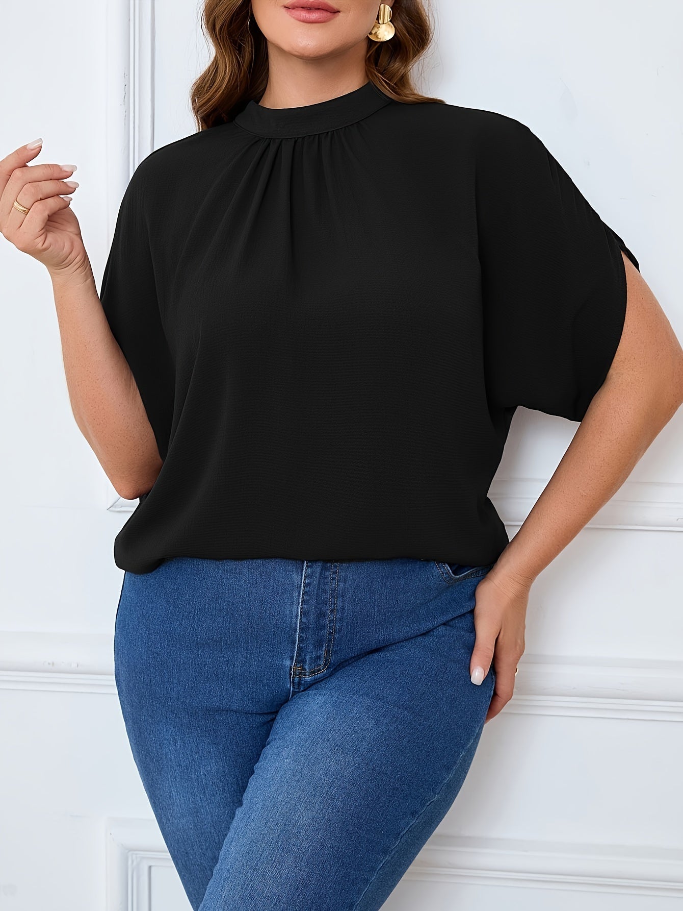 Women's Plus Size Batwing Blouse - Fashionable Casual With Tie & Cutout Details, Comfortably Loose Solid Color Top
