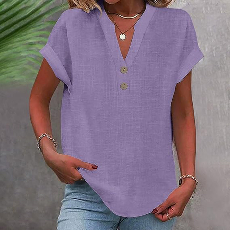Women's Solid Color V-Neck Short Sleeve Blouse Button Detail, Summer Casual & Work T-Shirt