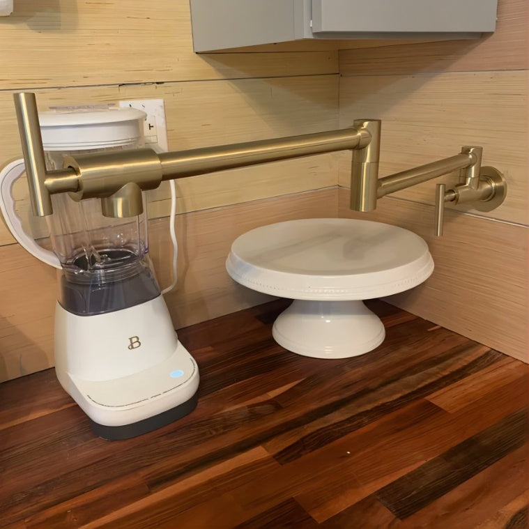 Gold Pot Filler Faucet Wall Mount Kitchen Folding Faucet With Double Joint Swing Arms, Two Handle Design