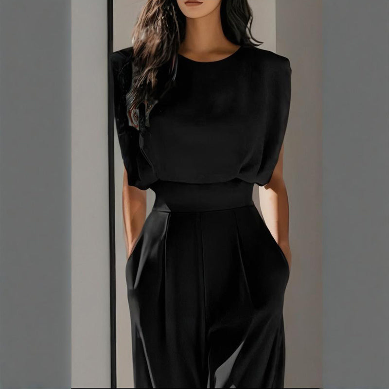 Women's Solid Color Round Neck Short Sleeve Wide-Leg Jumpsuit With Waist Design & Pockets Casual Romper For Spring&Summer