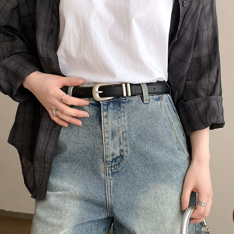 Minimalist Silver Buckle Crescent Thin Belt