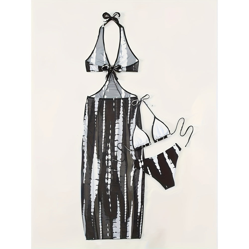 European And American Women's Swimsuit Sunscreen Bikini Three Piece Set Striped Printed Mesh Beach Vacation Sunscreen Swimsuit Women