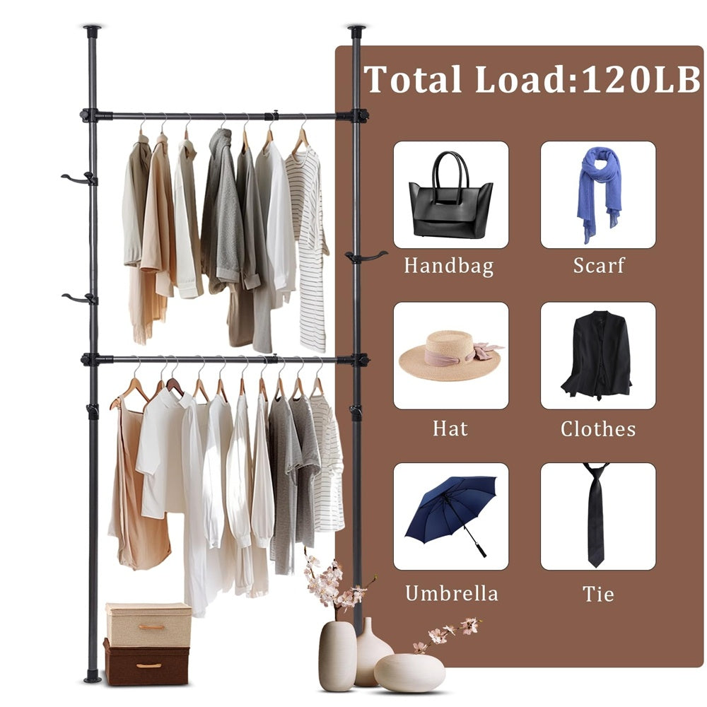Floor To Ceiling Adjustble Garment Rack, Heavy Duty 2-Tier Clothes Rack