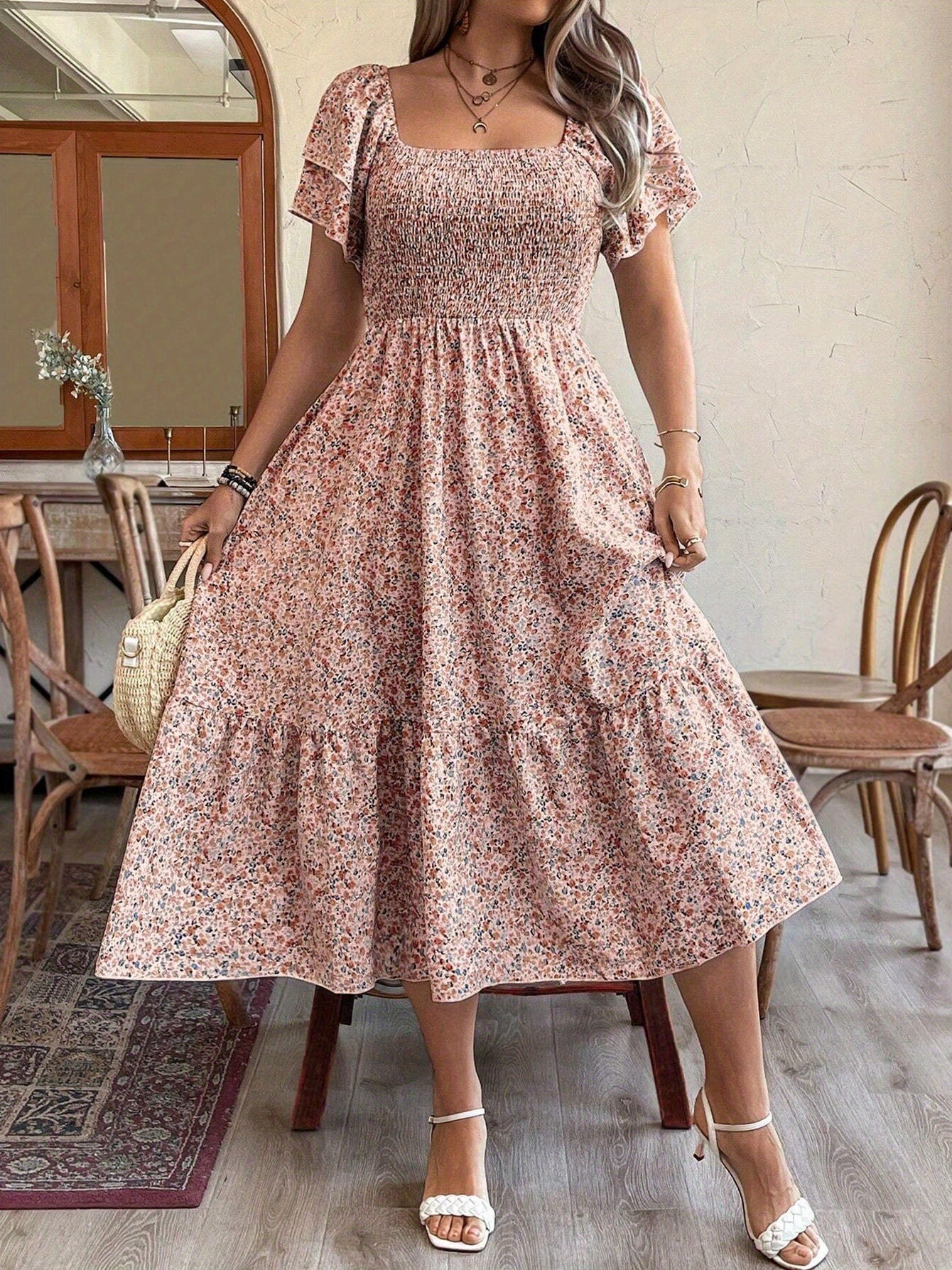 Women's Plus Size Backless Midi Dress For Summer Party - Elegant Pleated Printed Dress