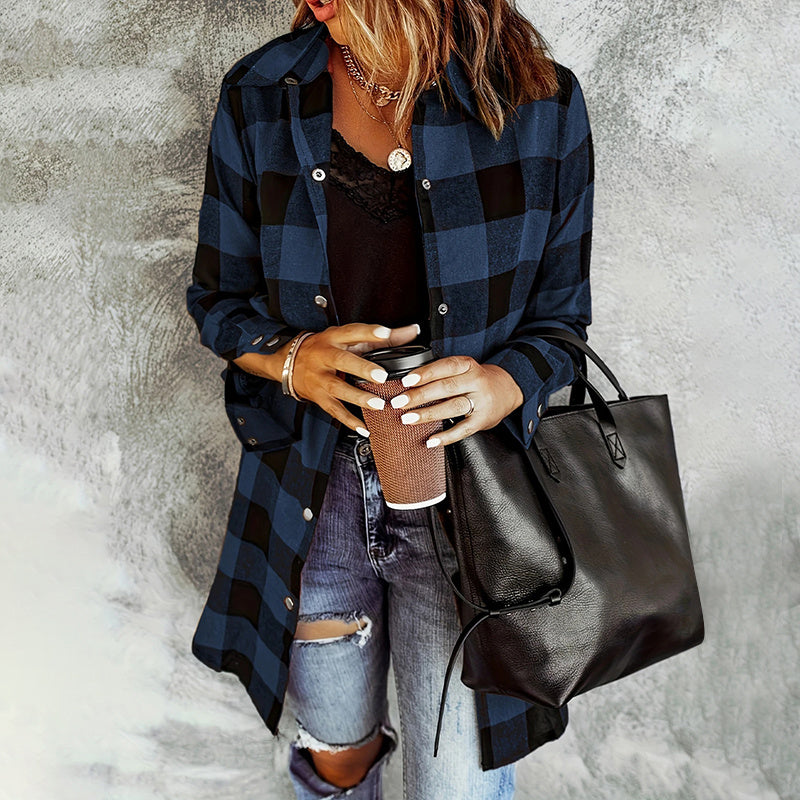 Women's Long Sleeve Plaid Print Button Front Casual Shirt For Spring & Fall