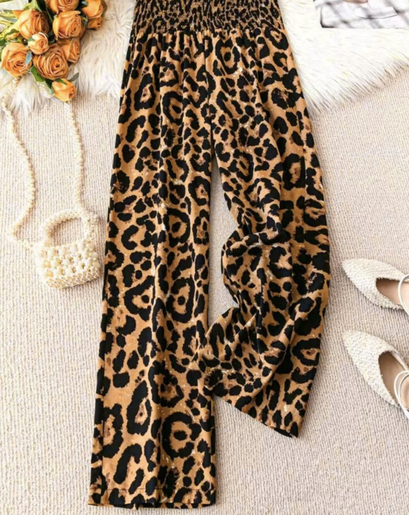 Women's Plus Size Leopard Print Wide-Leg Pants - Summer Casual Vacation Style Elastic Waist Long Trousers