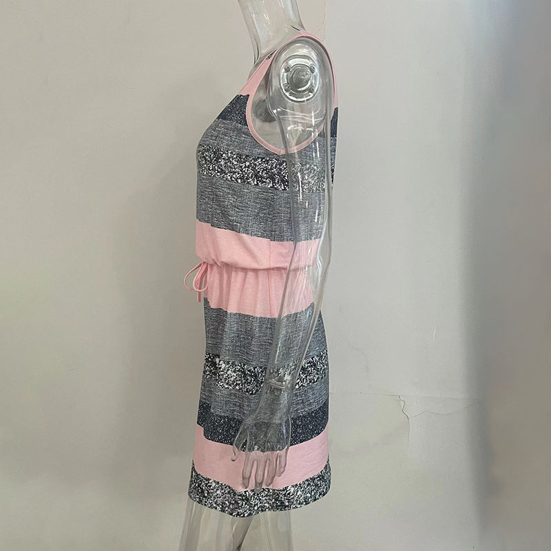 Women's Sleeveless With Adjustable Waist Tie Vest Dress - Casual Summer Mini Dress With Color Block Striped Design