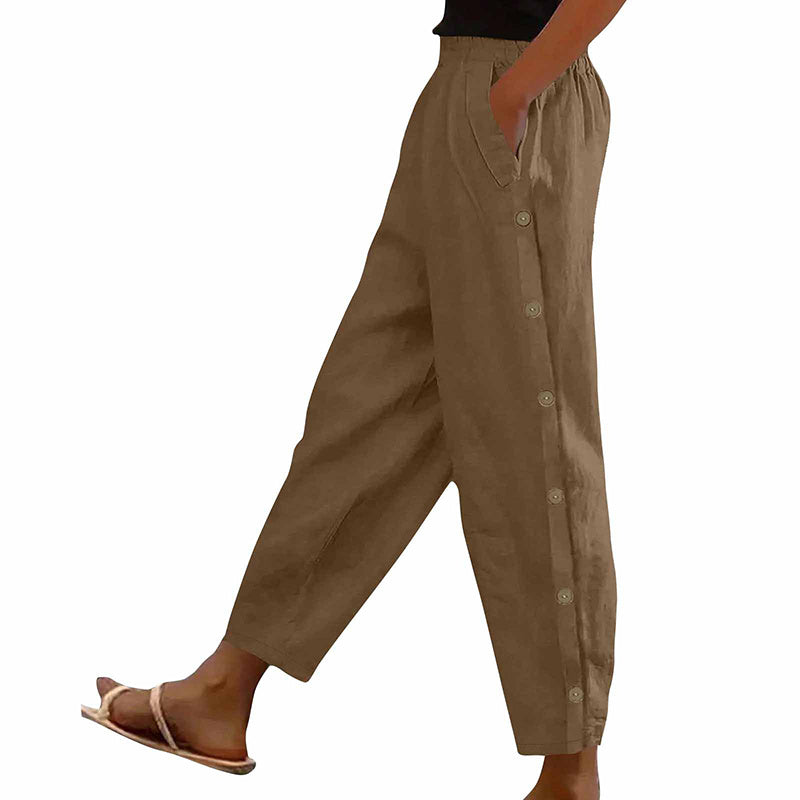 Women's Casual Pants Elastic Waist Side Button Loose Fit Trousers With Pockets