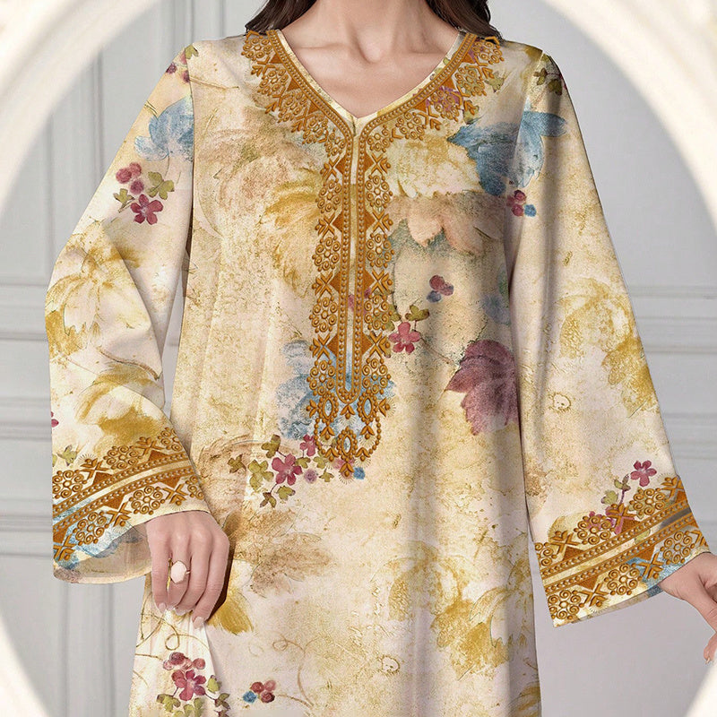 Women's Chic Bohemian Floral V-Neck Maxi Dress, Elegant Golden Long Sleeve Loose Fit Casual Dress