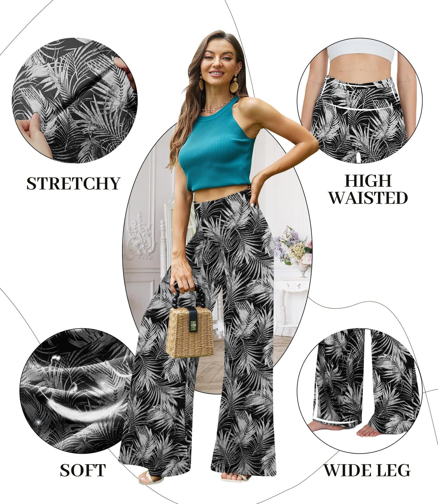 Wide-leg Trousers - Skirt Printed With White Leaves
