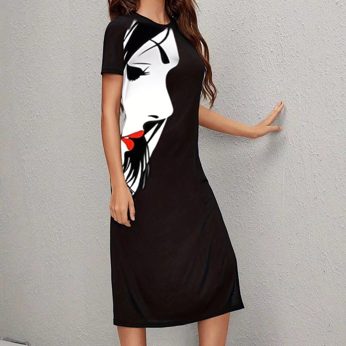Ladies' Fashionable Printed Solid Color Slim Fit Side Slit Dress