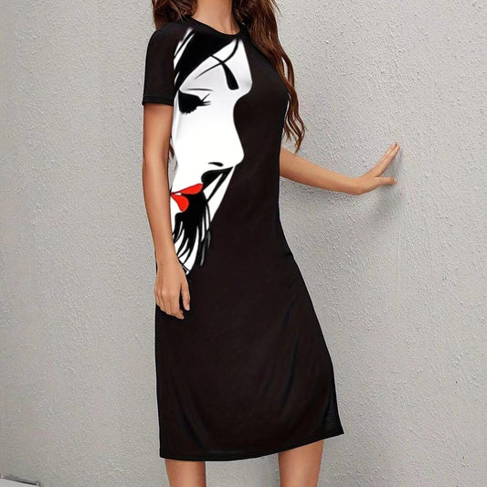 Ladies' Fashionable Printed Solid Color Slim Fit Side Slit Dress