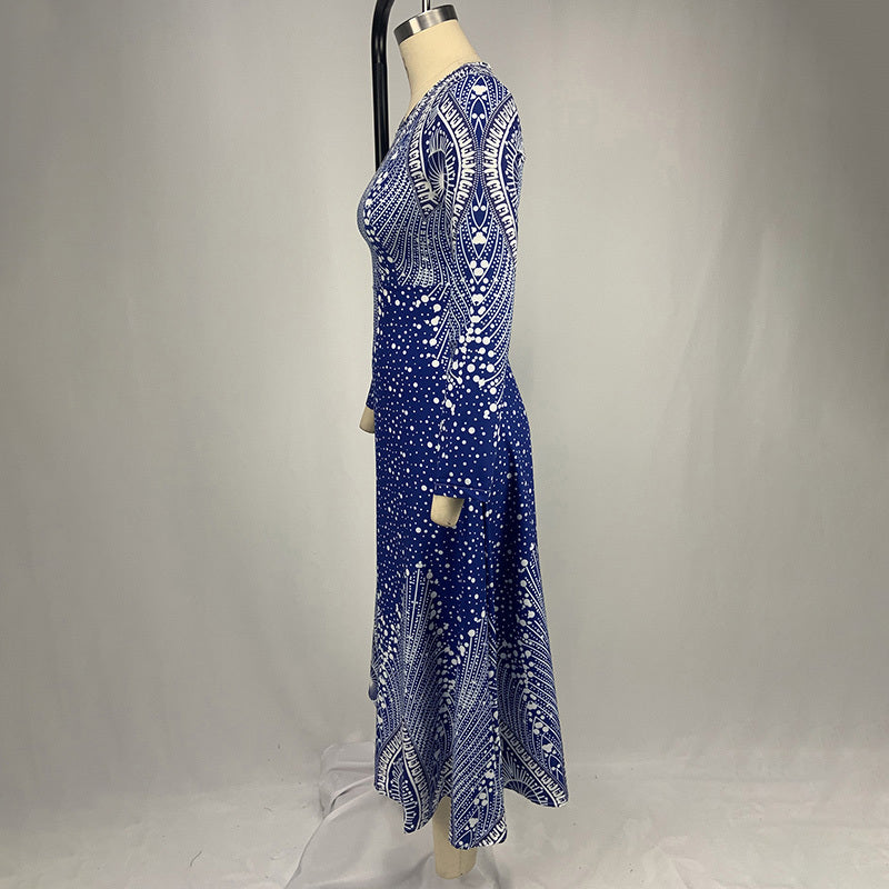 Women's Plus Size Elegant V-Neck Long Sleeve A-Line Dress With Starry Sky Print, Slim-Fit Flowy Maxi Dress For Holiday & Party Wear