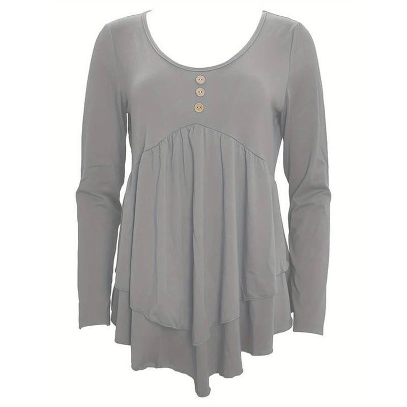 Womens Casual Long Sleeve T-Shirt Solid Color Round Neck Layered Button Front Tunic Tops