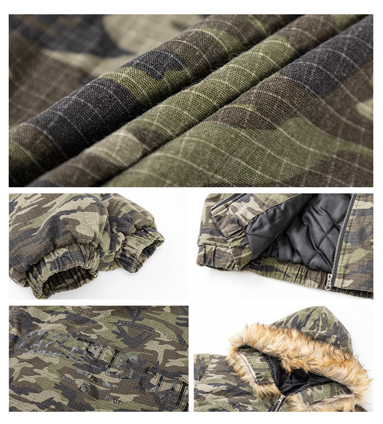 American Retro Heavy Big Fur Collar Hooded Camouflage Cotton Jacket